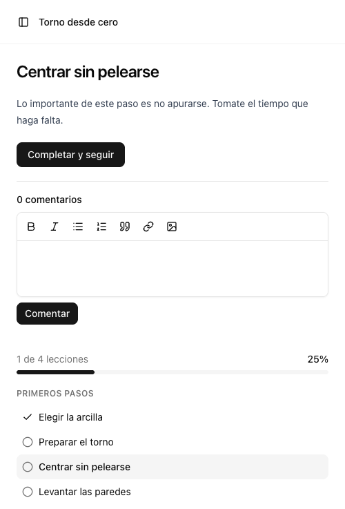 Una lección de curso con el índice y la barra de progreso