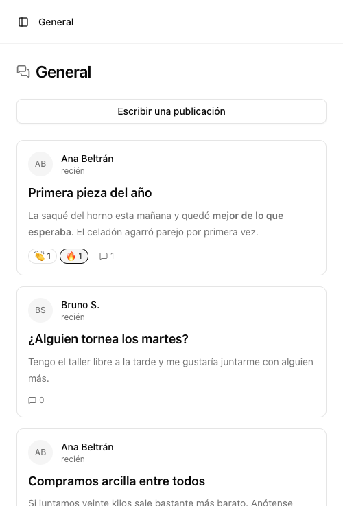 Un espacio de la comunidad en el teléfono, con publicaciones, reacciones y comentarios